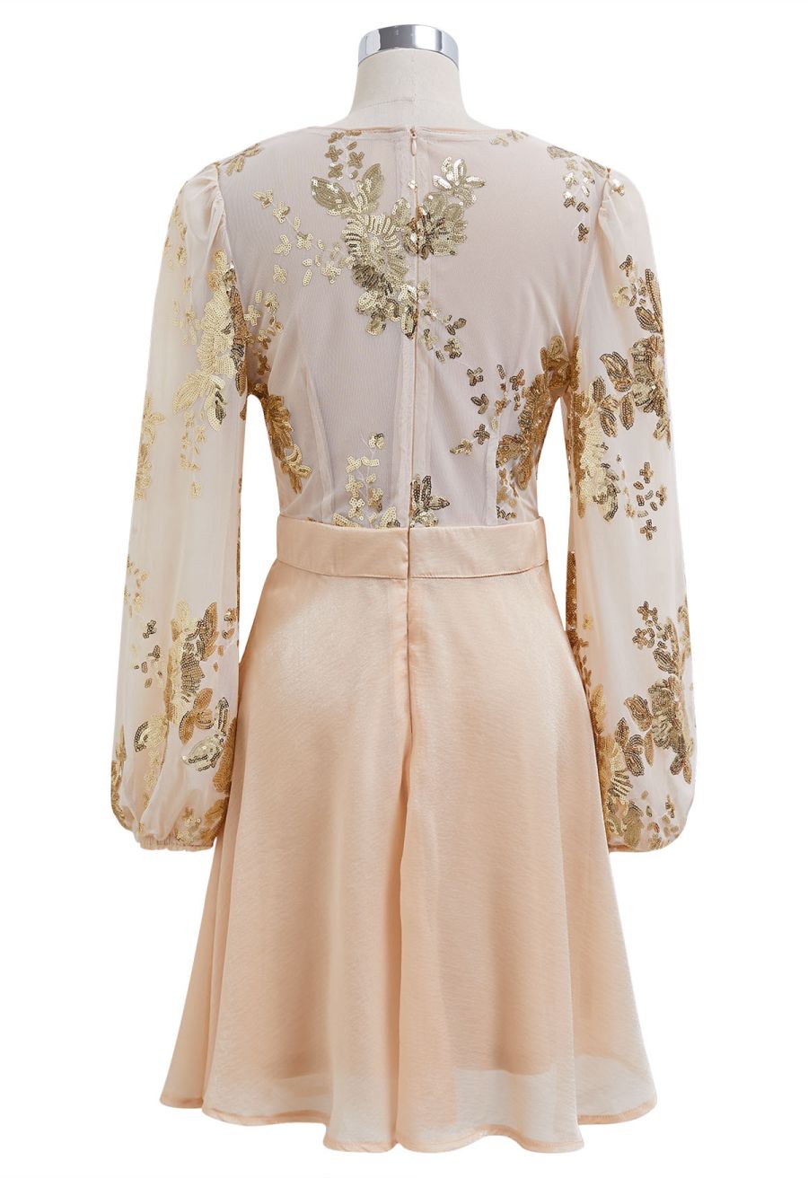 Plunging Spliced Sequined Floral Skater Dress