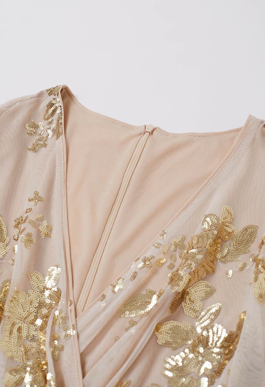 Plunging Spliced Sequined Floral Skater Dress