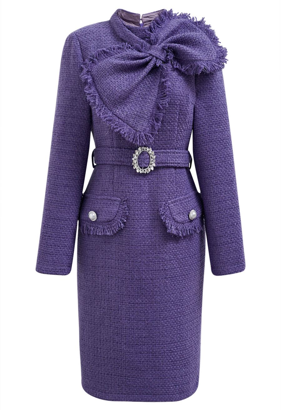 Bowknot Metallic Tweed Belted Dress