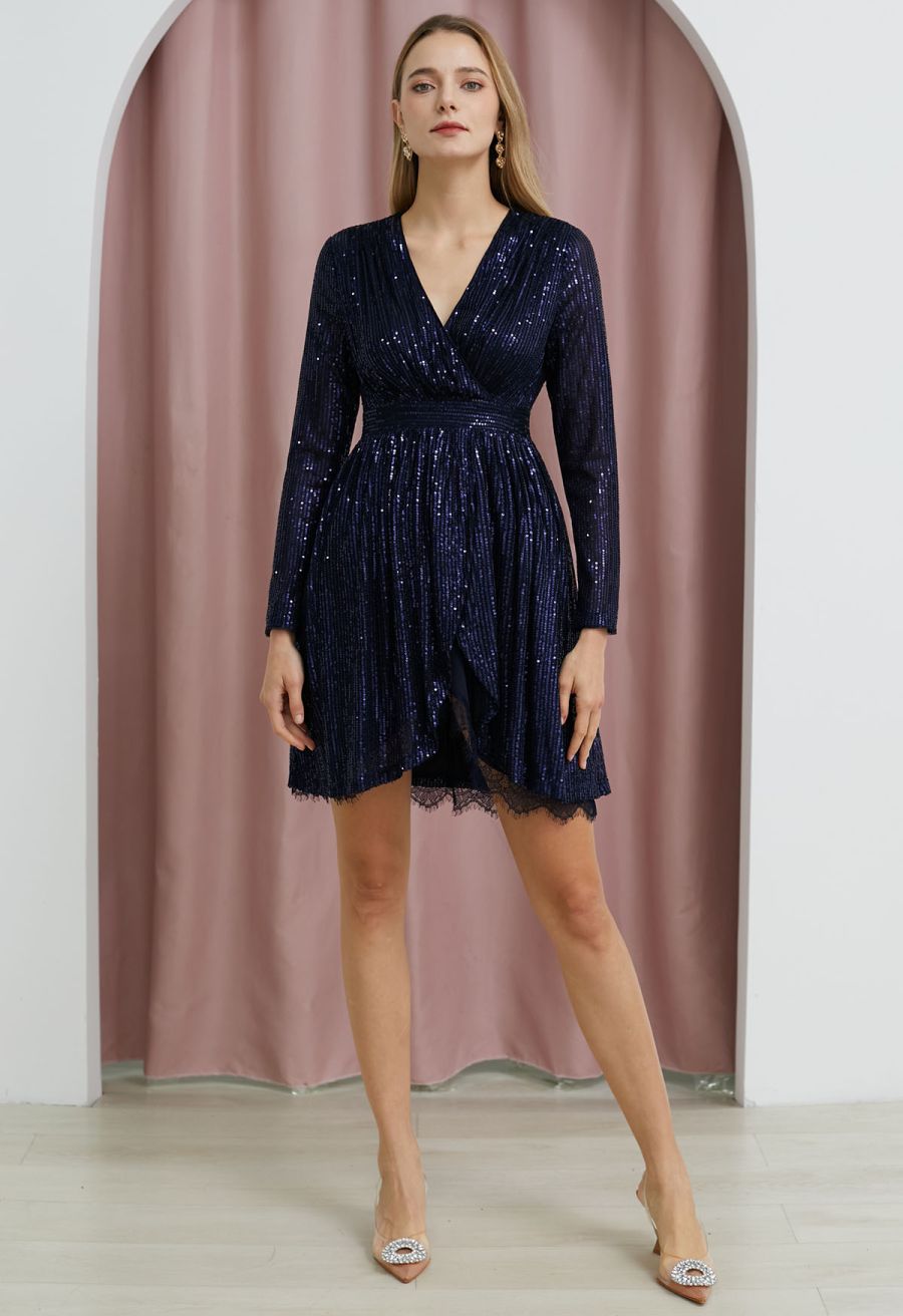 Faux-Wrap Overlap Hem Sequined Dress