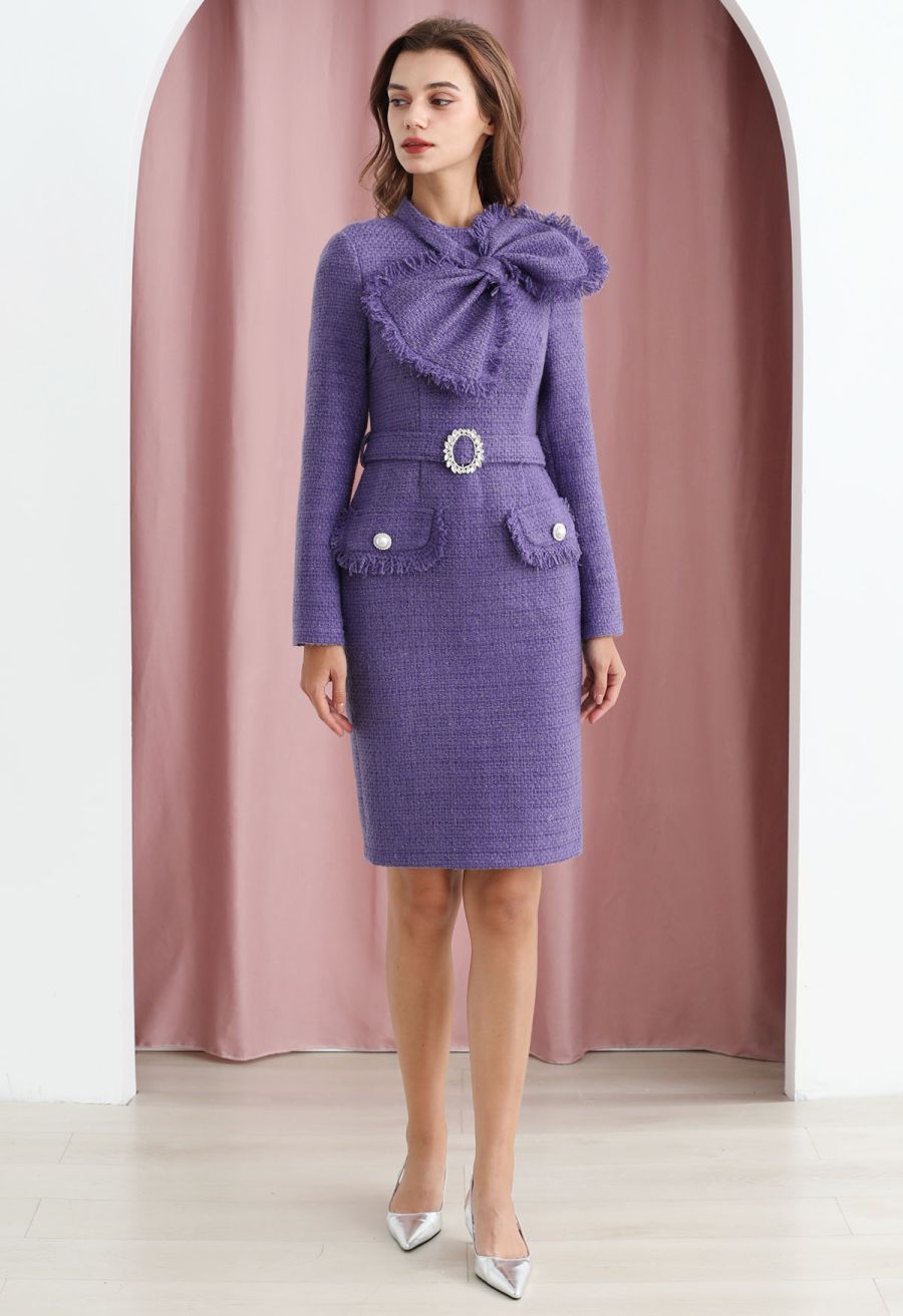 Bowknot Metallic Tweed Belted Dress