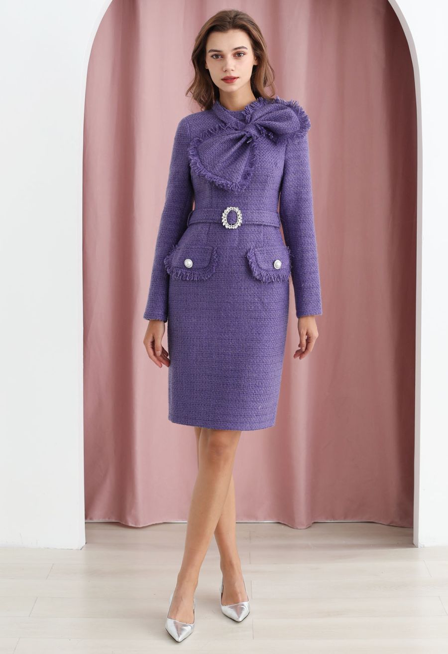 Bowknot Metallic Tweed Belted Dress