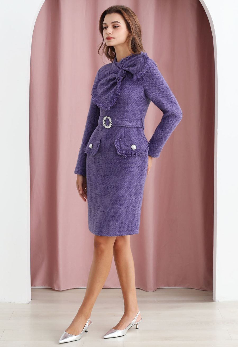 Bowknot Metallic Tweed Belted Dress