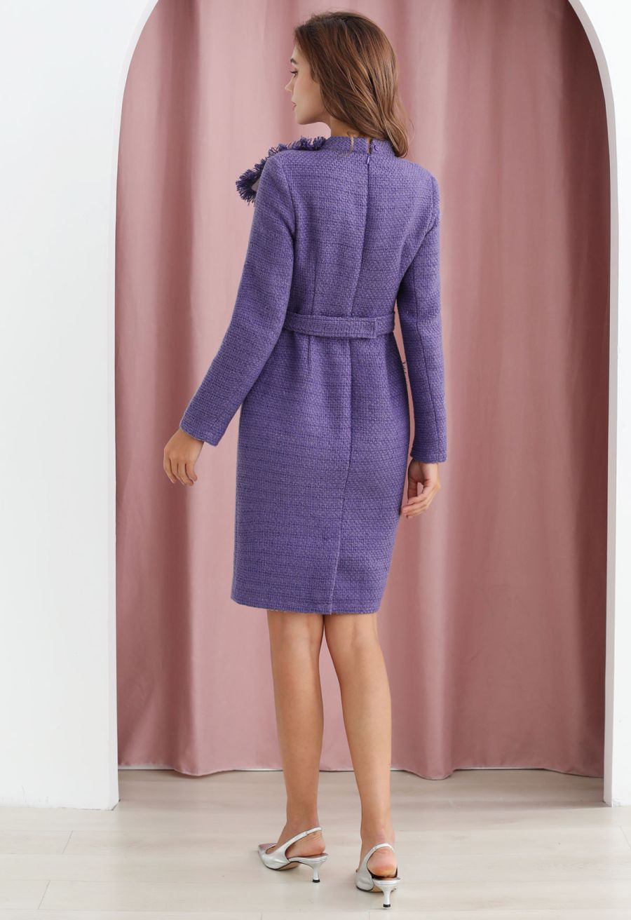 Bowknot Metallic Tweed Belted Dress