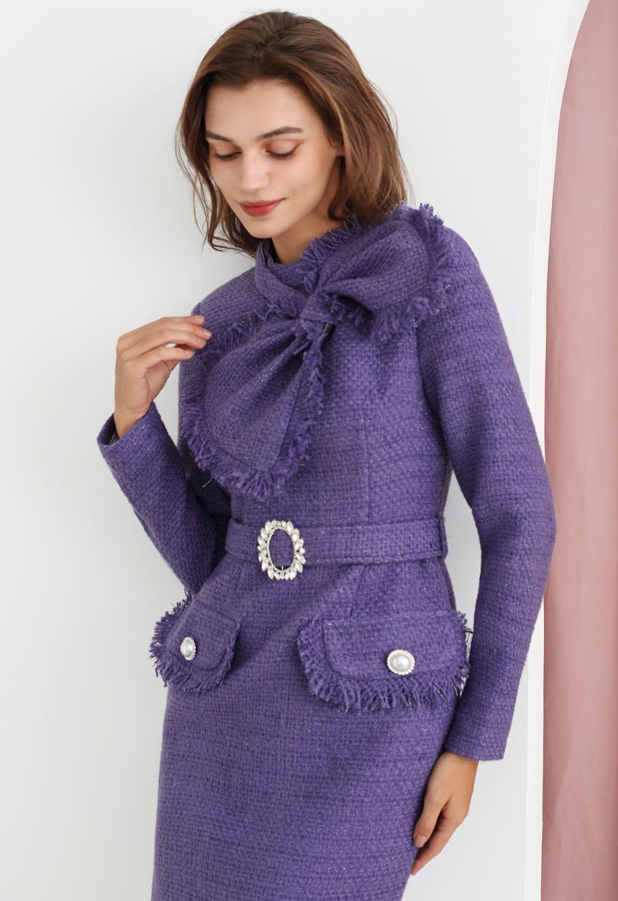 Bowknot Metallic Tweed Belted Dress