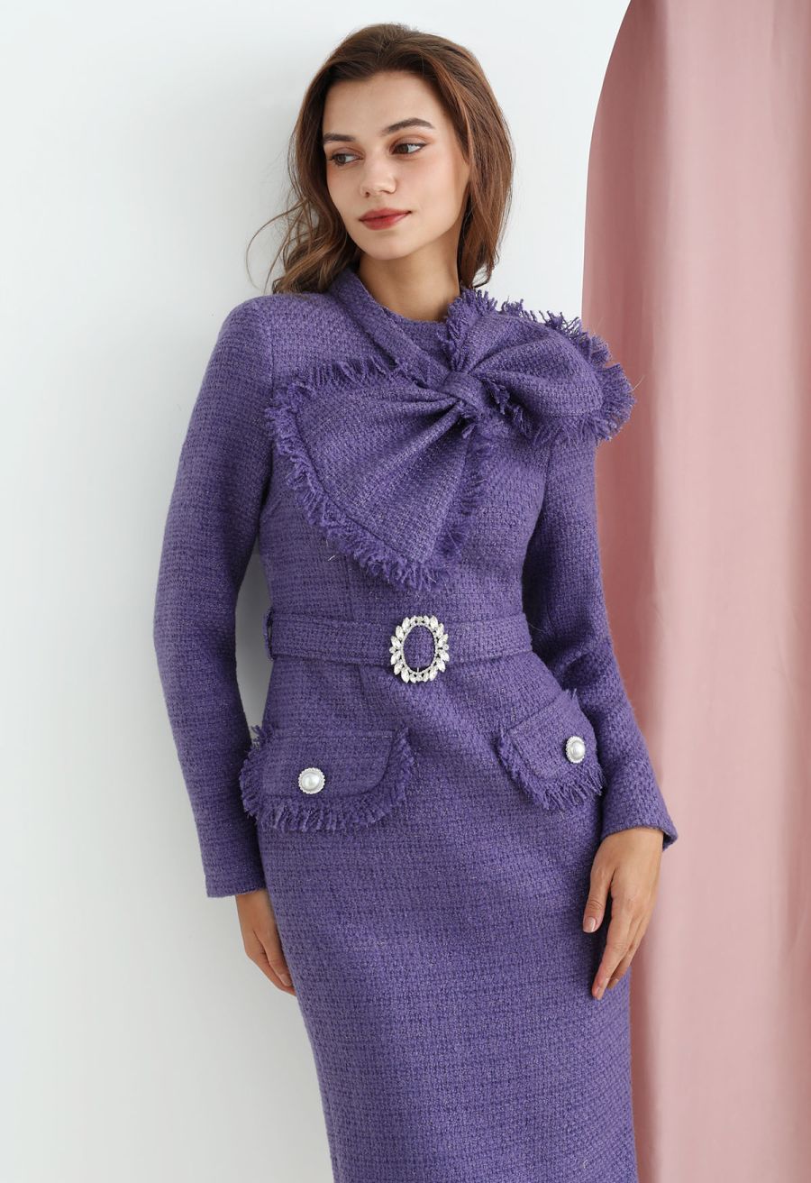 Bowknot Metallic Tweed Belted Dress
