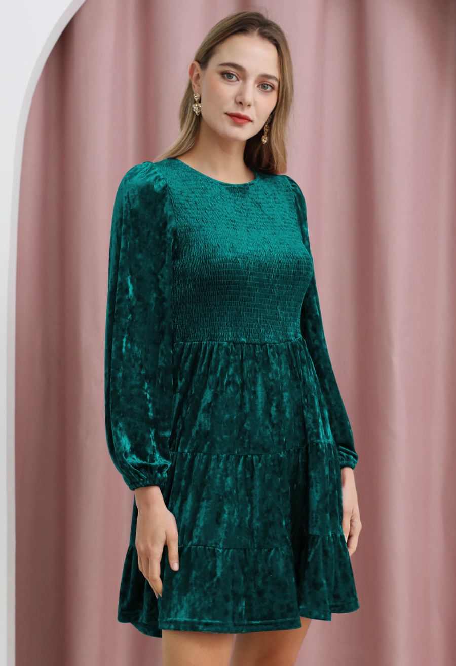 Posh Shirred Velvet Skater Dress in Teal