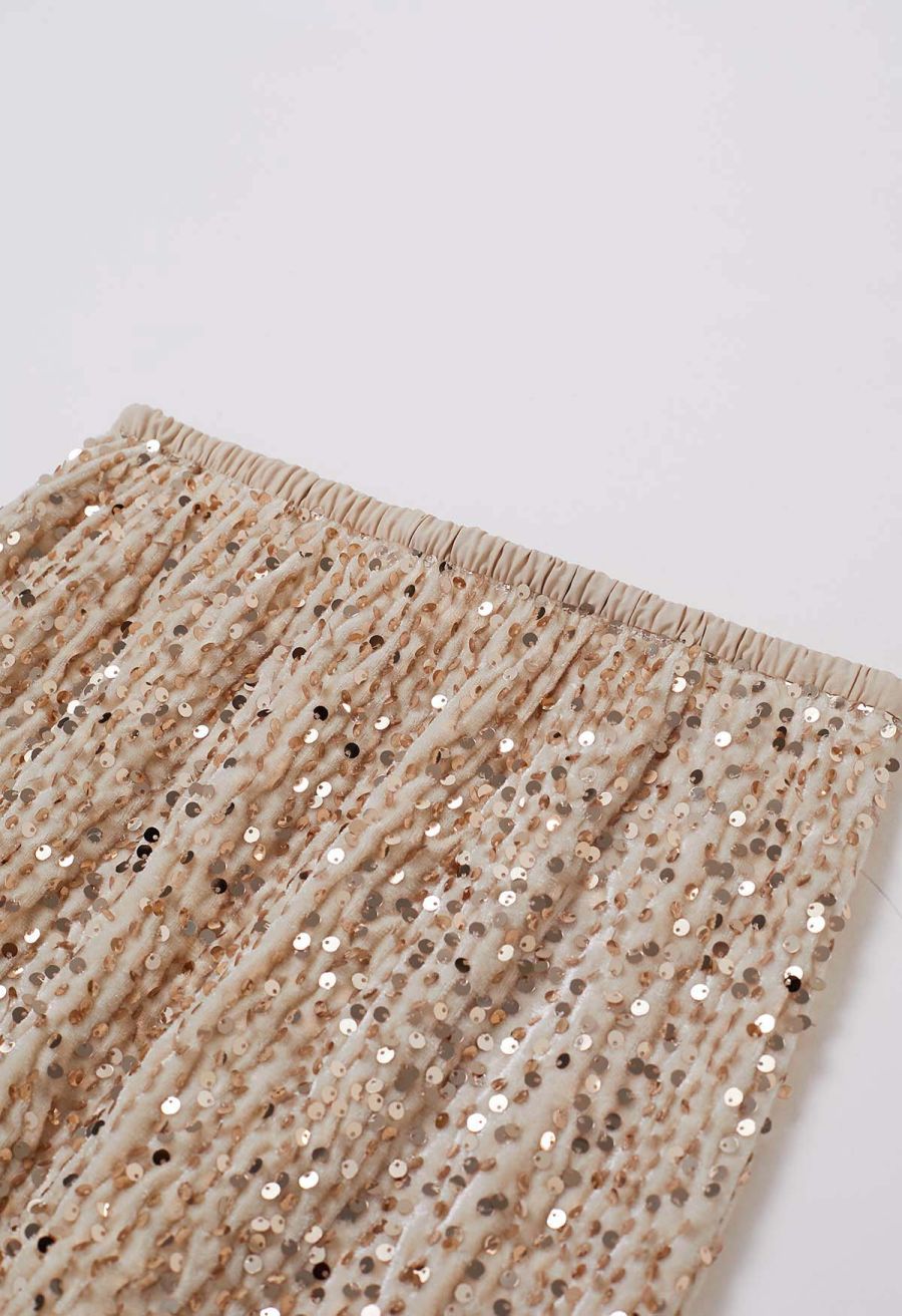 Dazzling Dream Sequin Velvet Maxi Skirt in Champagne