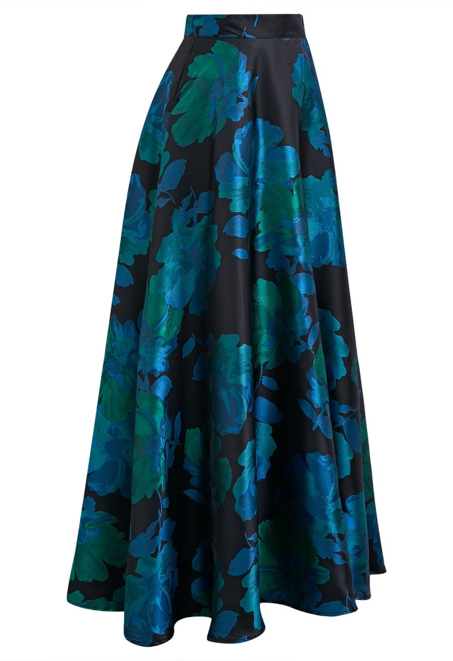 Floral Melody Jacquard A-Line Maxi Skirt in Teal