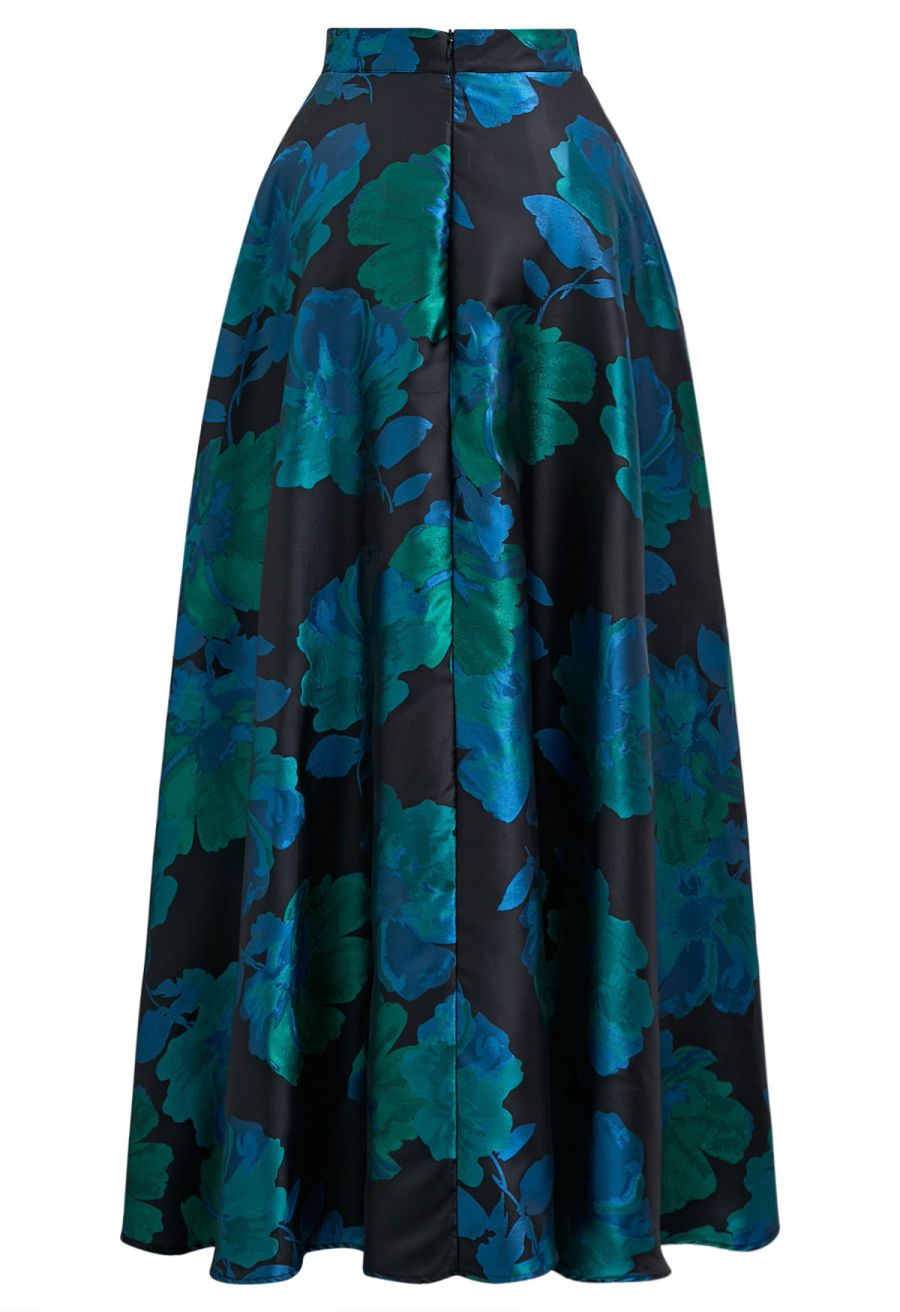 Floral Melody Jacquard A-Line Maxi Skirt in Teal