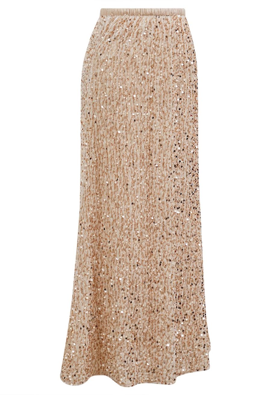 Dazzling Dream Sequin Velvet Maxi Skirt in Champagne