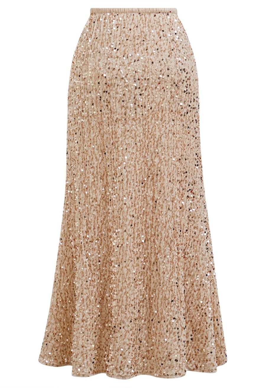 Dazzling Dream Sequin Velvet Maxi Skirt in Champagne