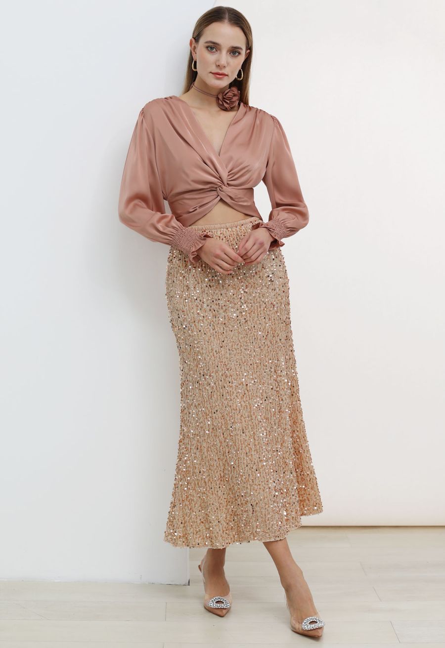 Dazzling Dream Sequin Velvet Maxi Skirt in Champagne