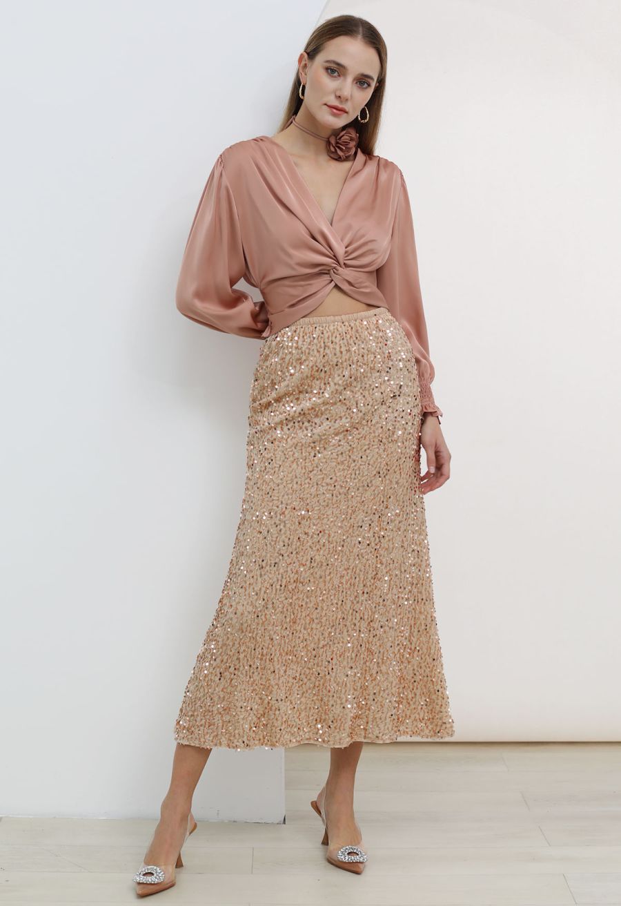 Dazzling Dream Sequin Velvet Maxi Skirt in Champagne