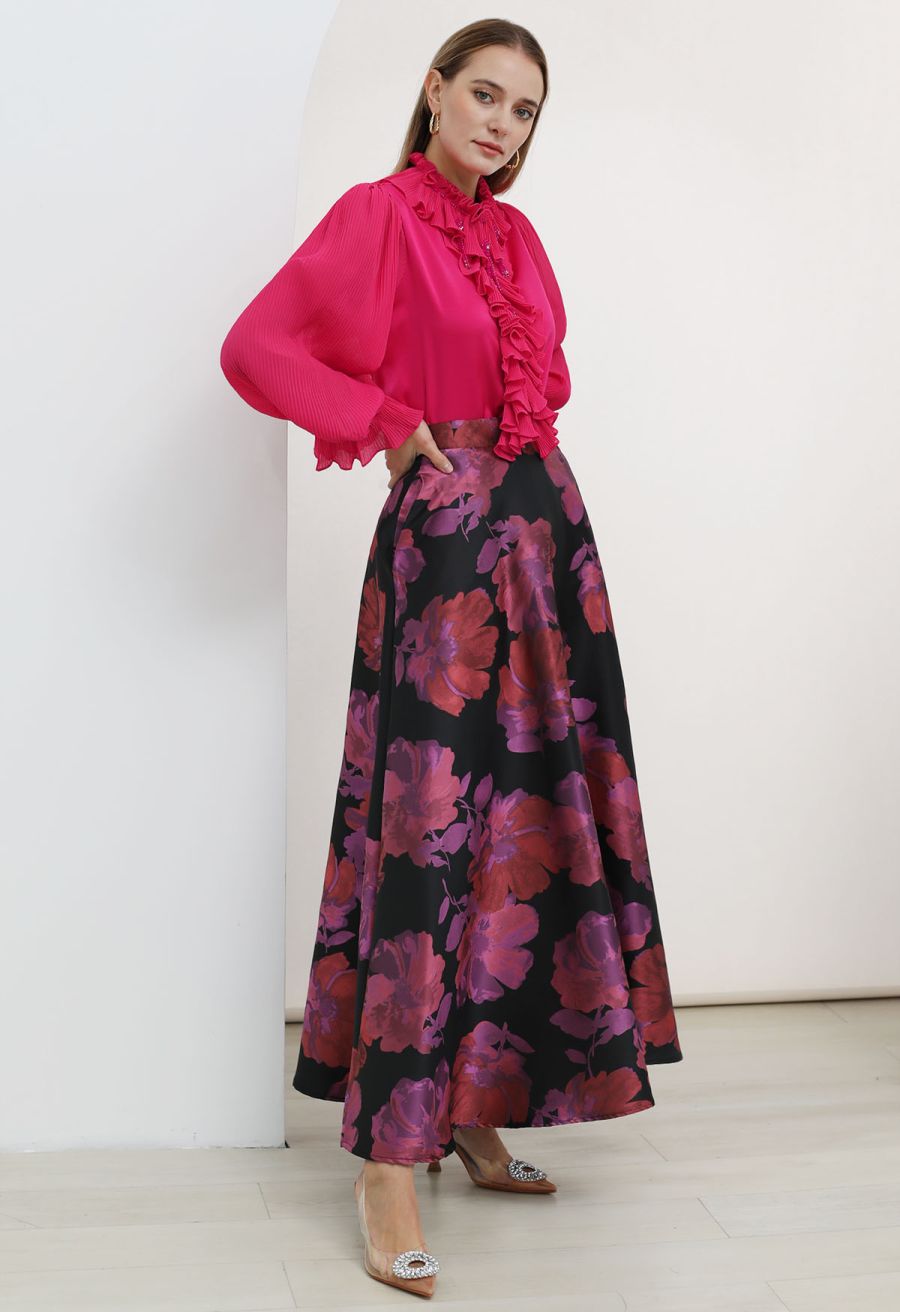 Luscious Ruffle Spliced Plisse Sleeves Top in Magenta