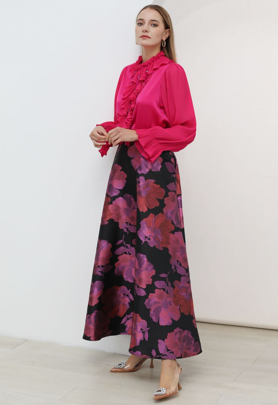 Luscious Ruffle Spliced Plisse Sleeves Top in Magenta