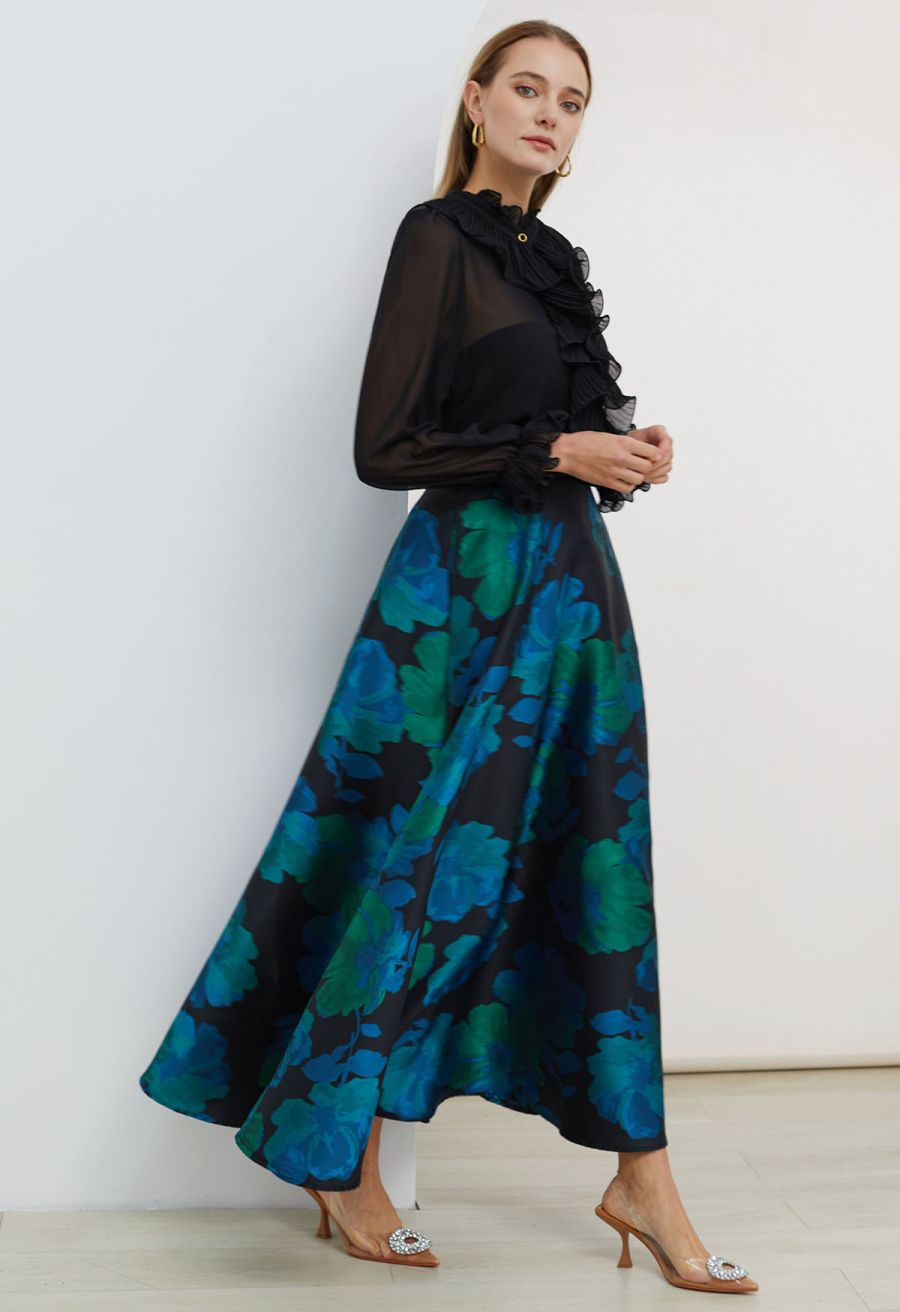 Floral Melody Jacquard A-Line Maxi Skirt in Teal