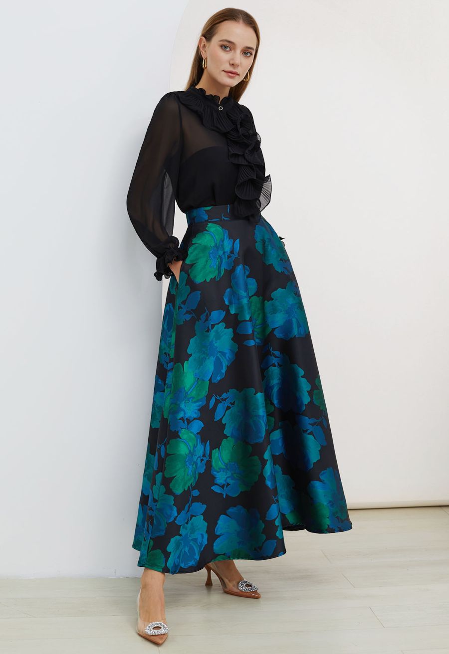 Floral Melody Jacquard A-Line Maxi Skirt in Teal