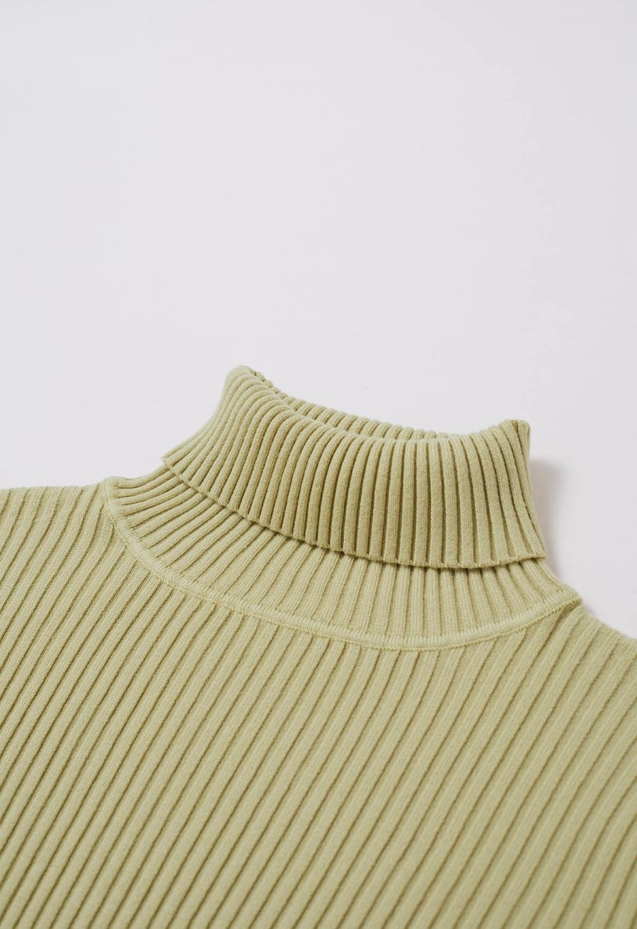 Versatile Turtleneck Ribbed Knit Sweater in Pistachio