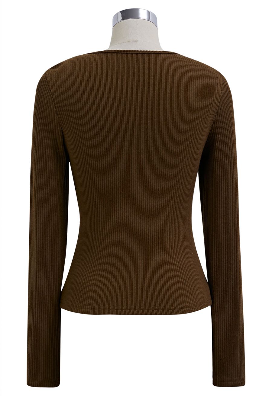 Twisted Mesh Spliced Knit Top in Brown