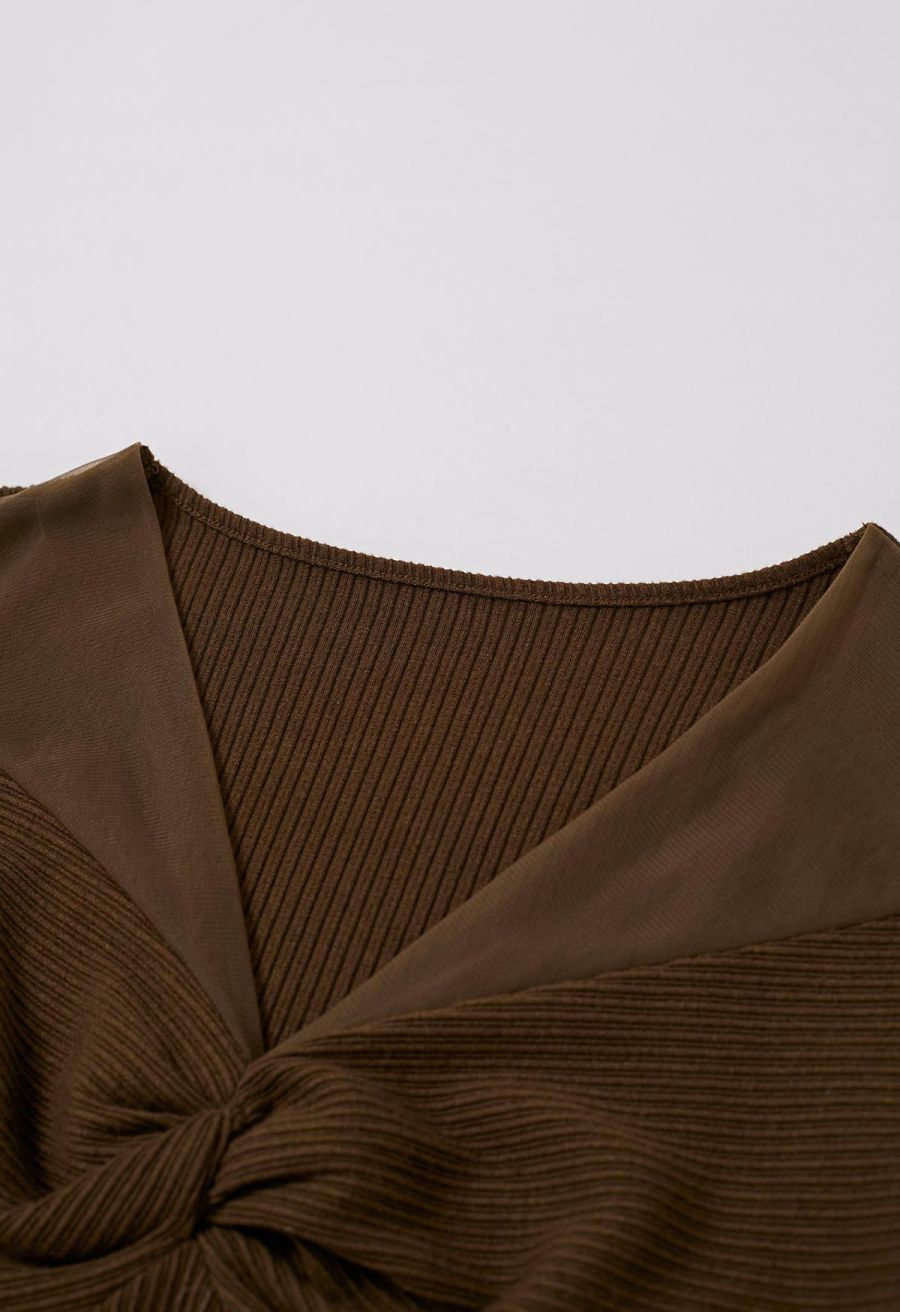 Twisted Mesh Spliced Knit Top in Brown