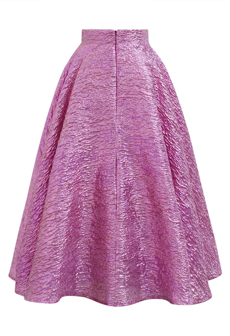 Shiny Pink Embossed Texture Jacquard Flare Midi Skirt