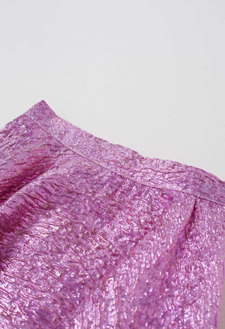 Shiny Pink Embossed Texture Jacquard Flare Midi Skirt