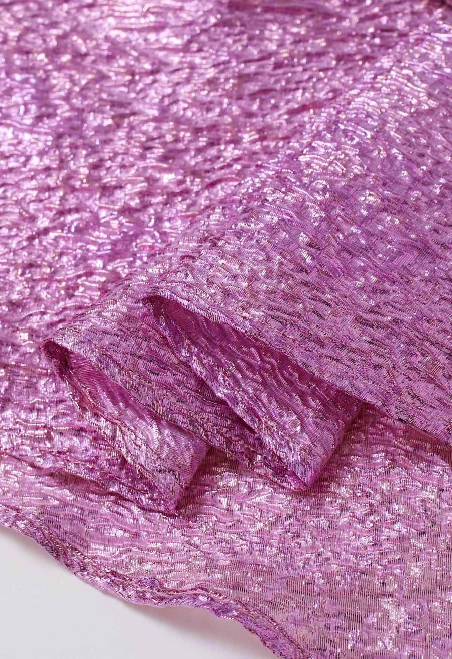 Shiny Pink Embossed Texture Jacquard Flare Midi Skirt
