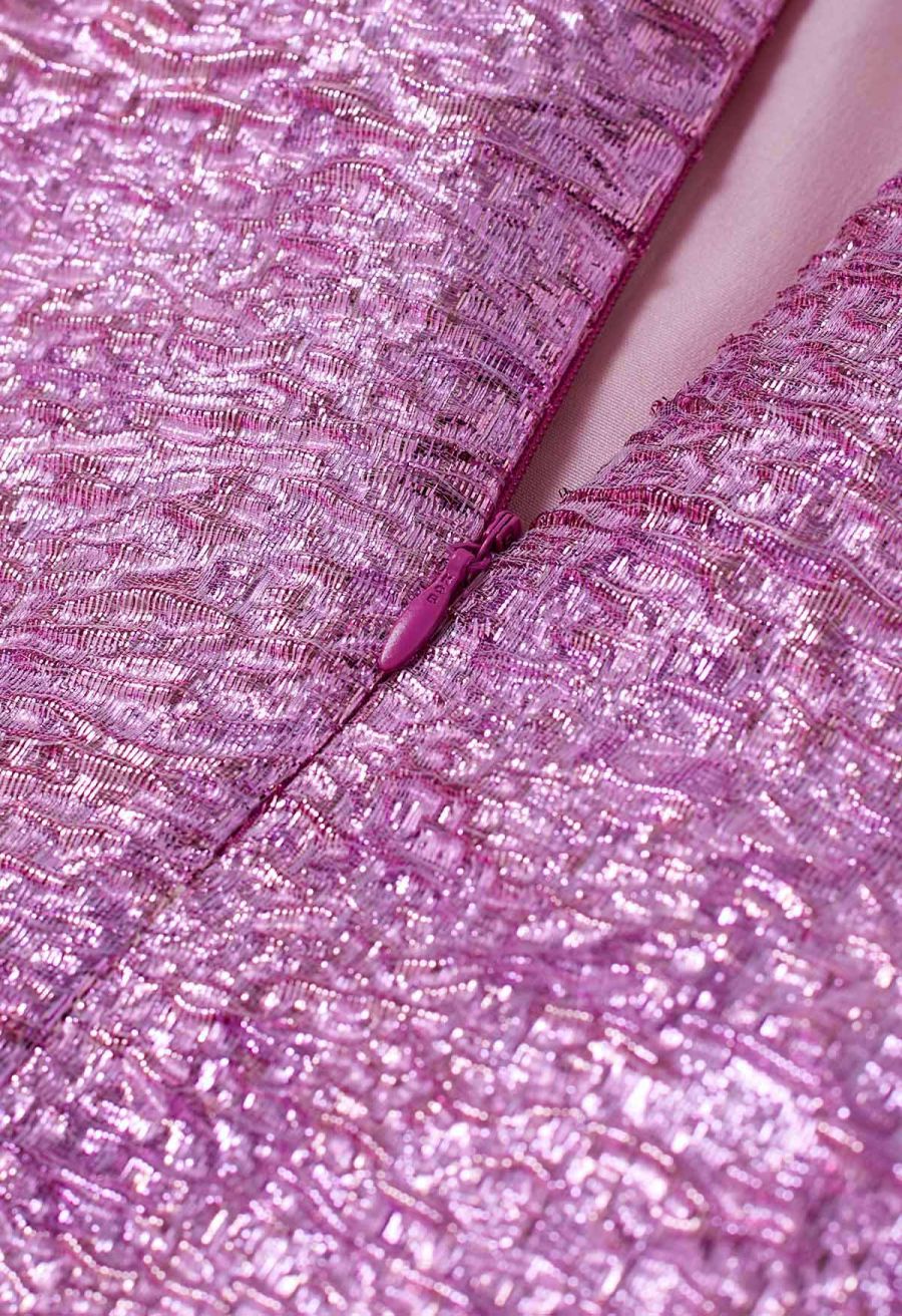 Shiny Pink Embossed Texture Jacquard Flare Midi Skirt