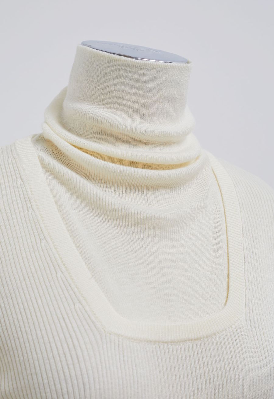 Fake Two-Piece High Neck Knit Top in Cream