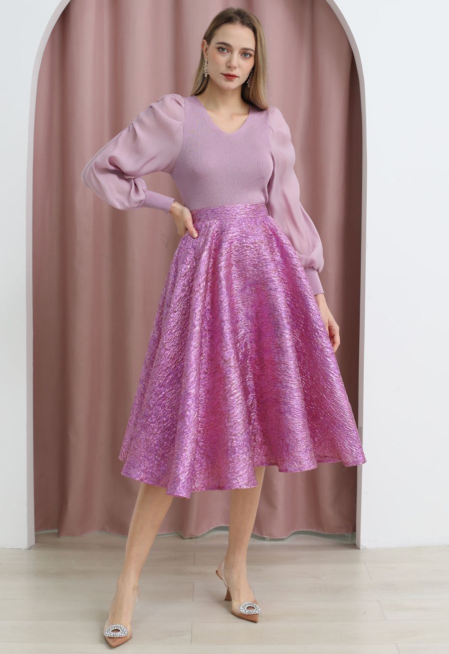Shiny Pink Embossed Texture Jacquard Flare Midi Skirt