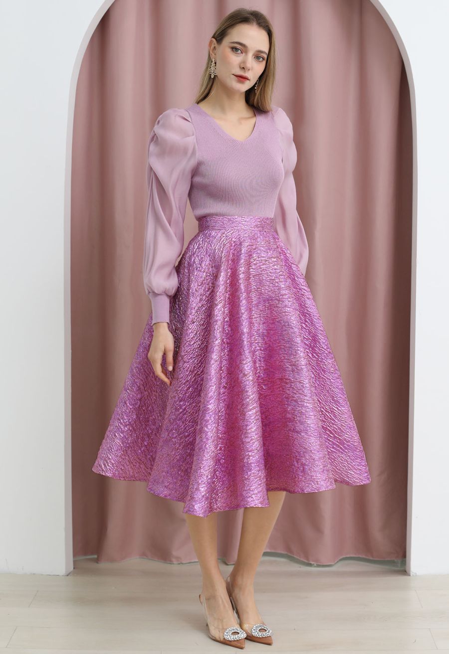 Shiny Pink Embossed Texture Jacquard Flare Midi Skirt