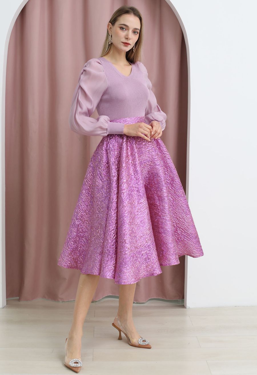 Shiny Pink Embossed Texture Jacquard Flare Midi Skirt