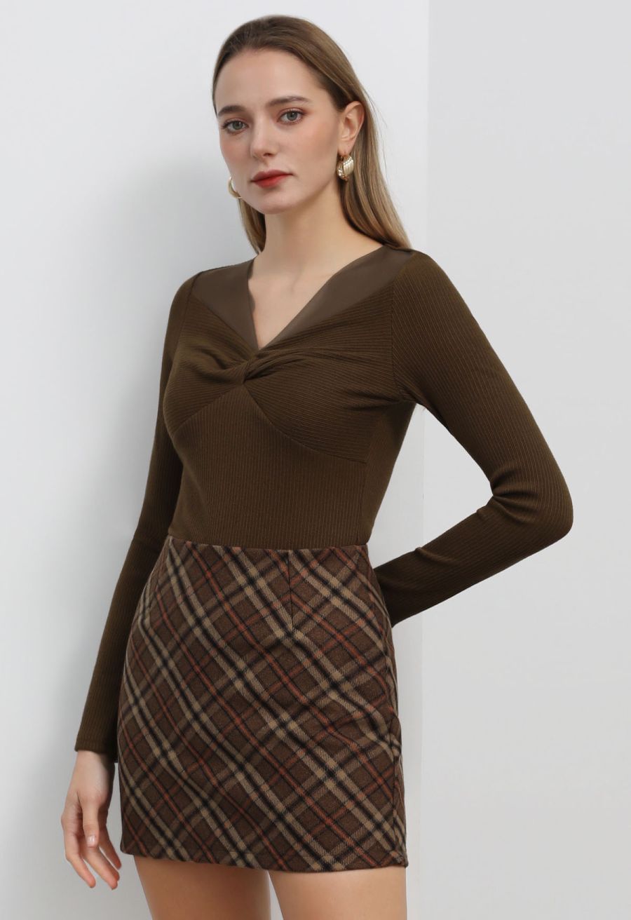 Modern Tartan Mini Bud Skirt in Brown