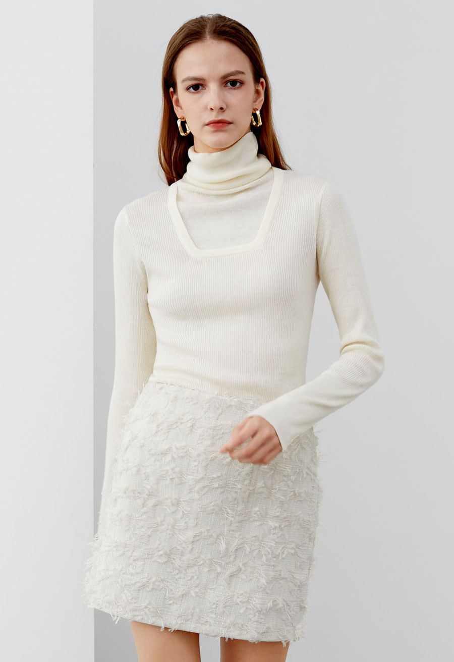 Fake Two-Piece High Neck Knit Top in Cream