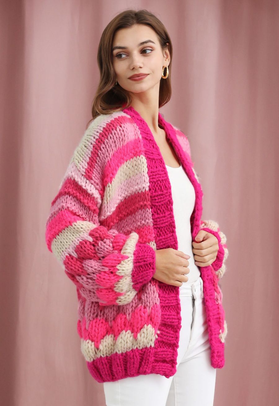 Pretty in Pink Color Block Hand Knit Cardigan