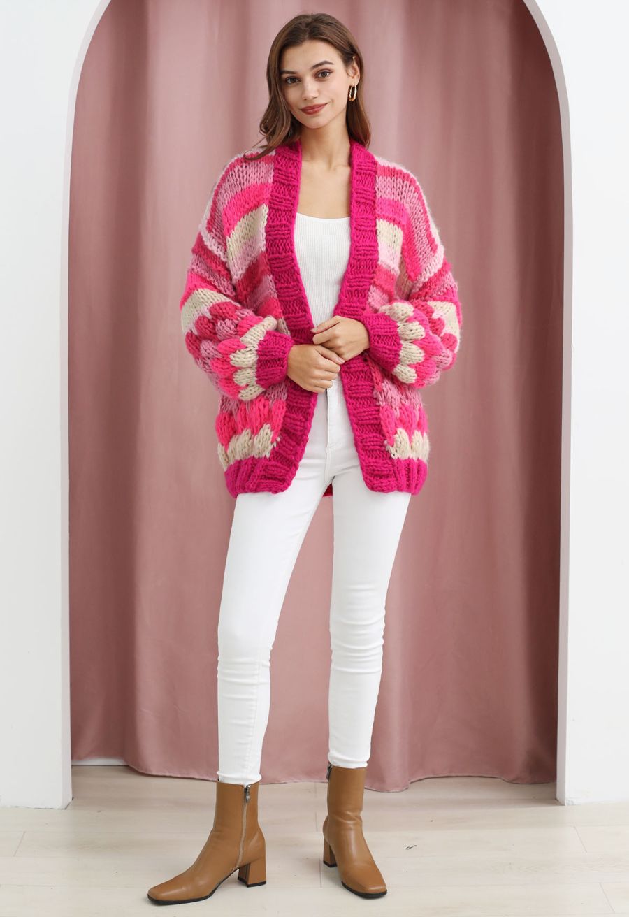Pretty in Pink Color Block Hand Knit Cardigan