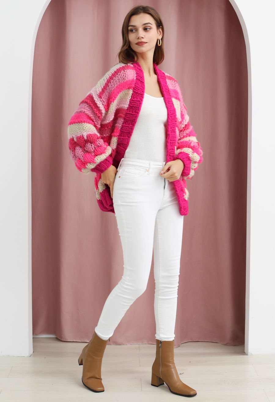 Pretty in Pink Color Block Hand Knit Cardigan