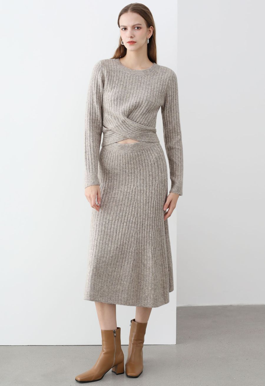Cross Waist Wool-Blend Top and Skirt Set in Oatmeal