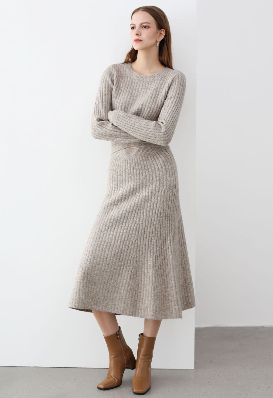 Cross Waist Wool-Blend Top and Skirt Set in Oatmeal