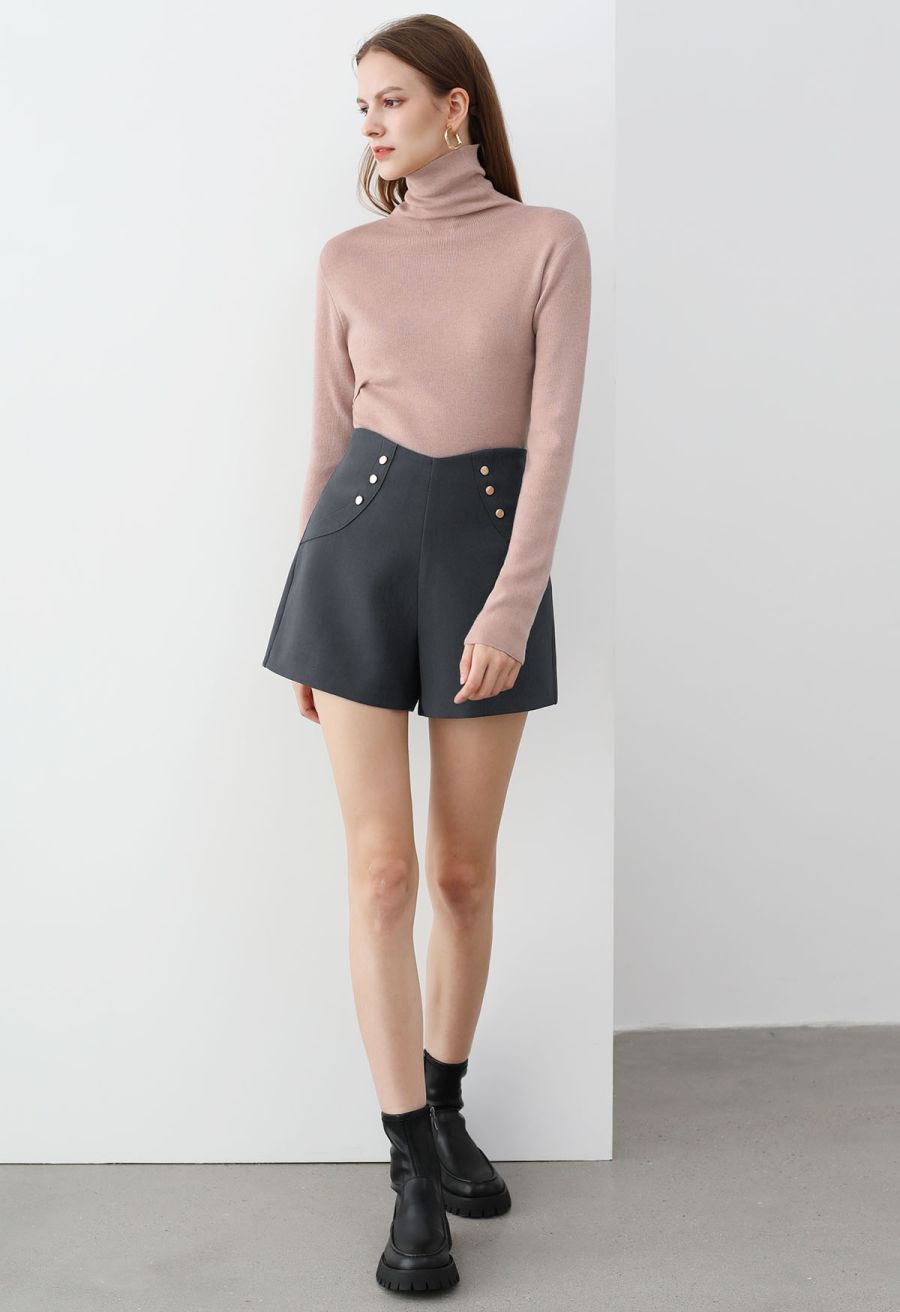 High Waist Button Decorated Shorts in Grey