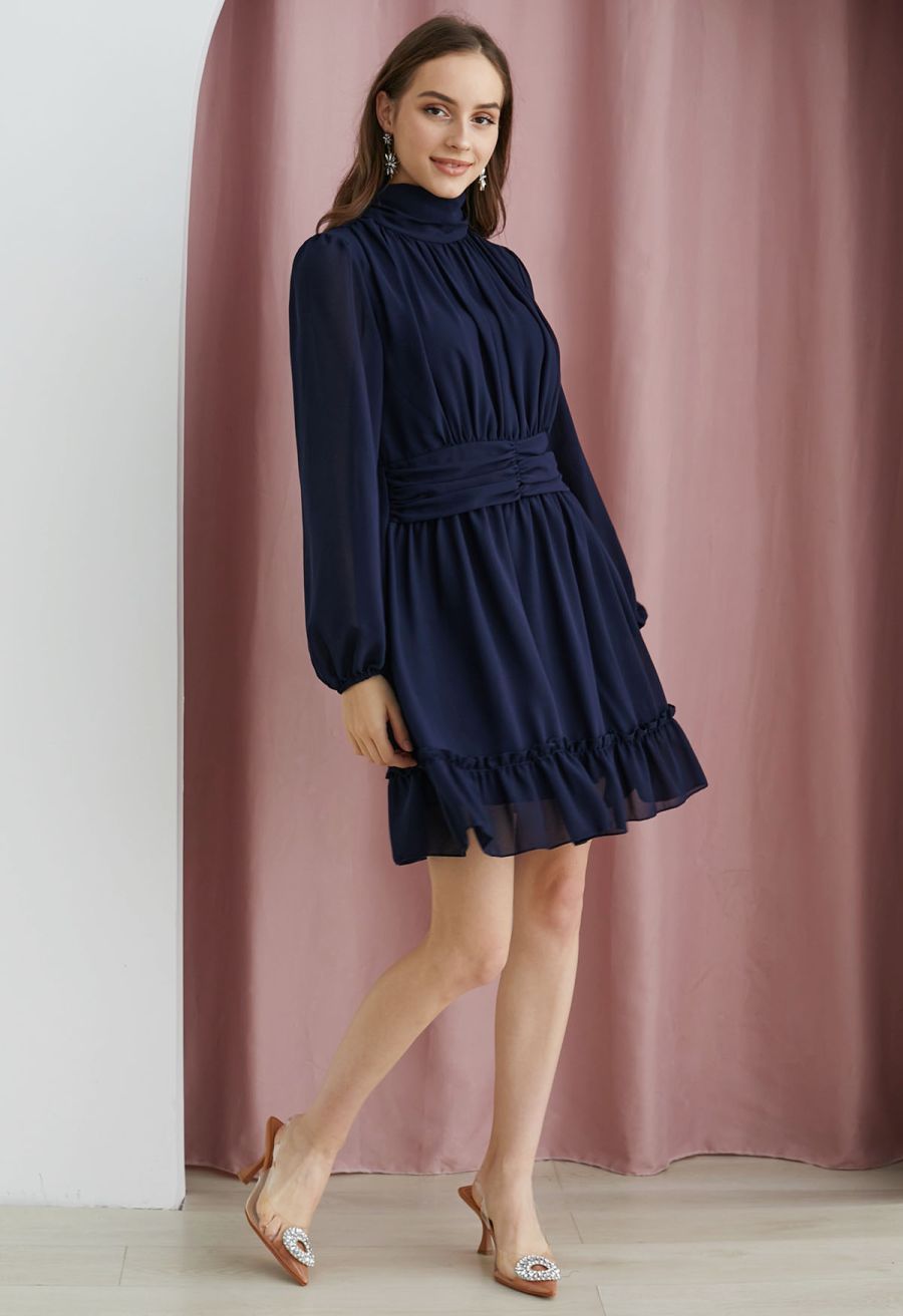 Mock Neck Ruched Waist Airy Chiffon Dress in Navy