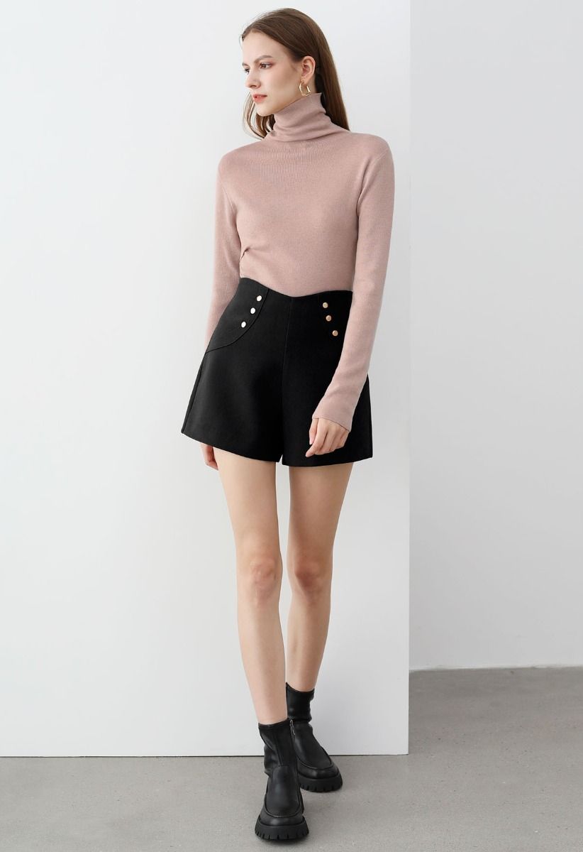 High Waist Button Decorated Shorts in Black