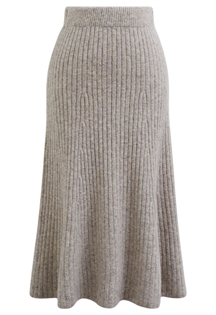 Cross Waist Wool-Blend Top and Skirt Set in Oatmeal