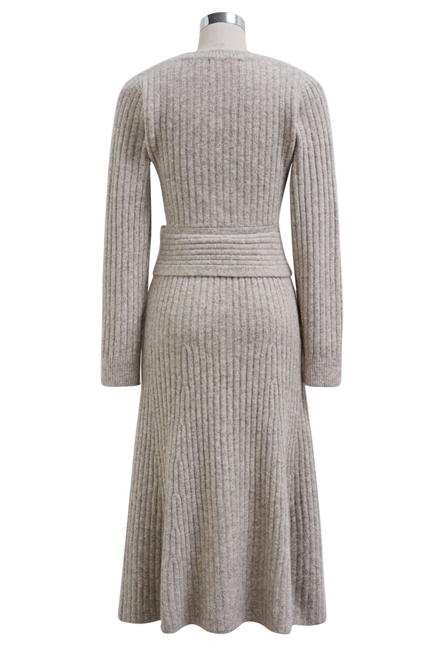Cross Waist Wool-Blend Top and Skirt Set in Oatmeal