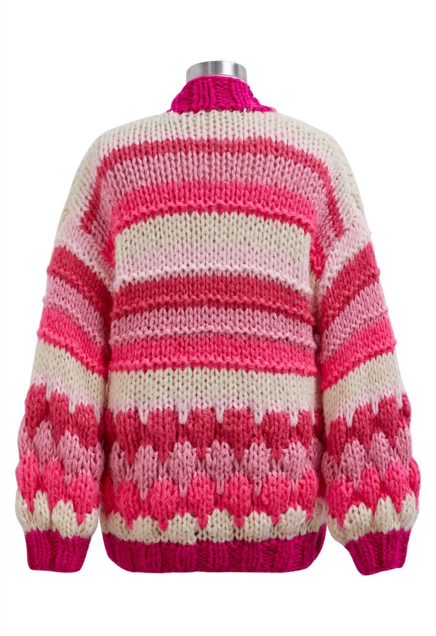 Pretty in Pink Color Block Hand Knit Cardigan