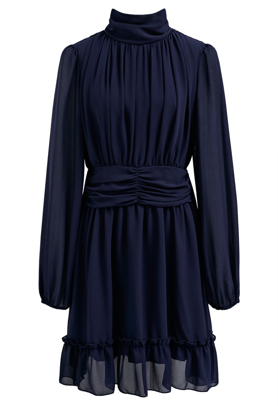 Mock Neck Ruched Waist Airy Chiffon Dress in Navy