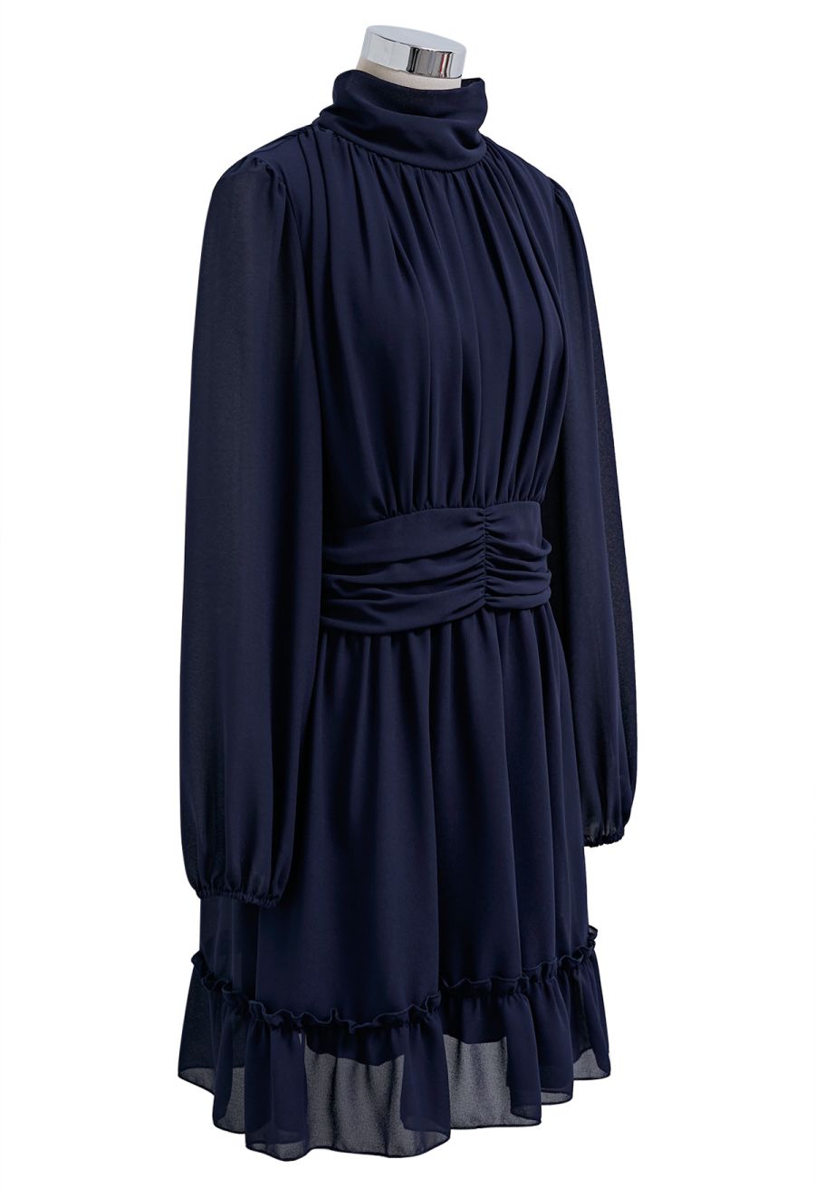 Mock Neck Ruched Waist Airy Chiffon Dress in Navy