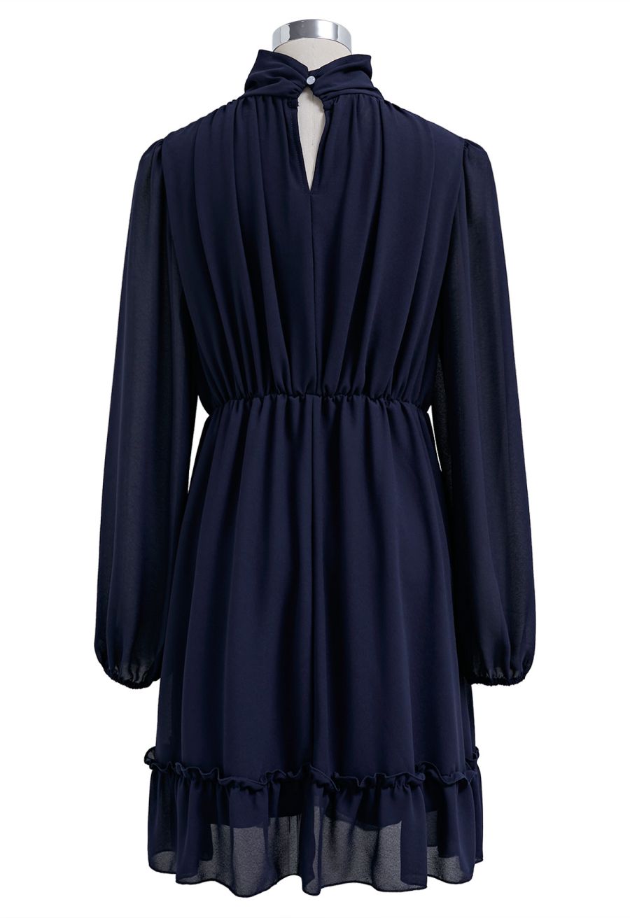 Mock Neck Ruched Waist Airy Chiffon Dress in Navy