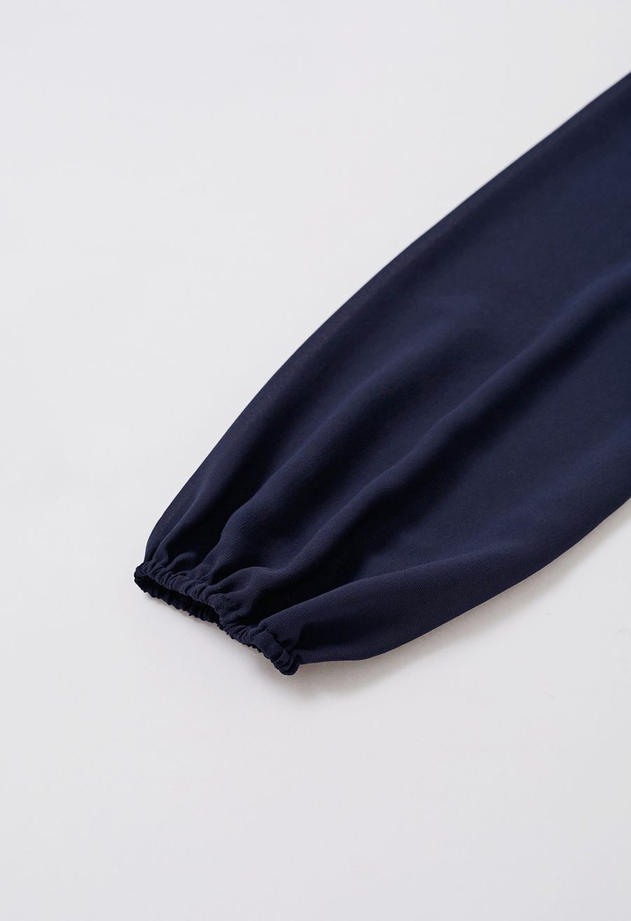 Mock Neck Ruched Waist Airy Chiffon Dress in Navy